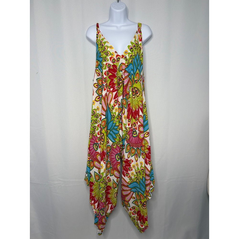 Boho Harem Jumpsuit Women Multicolor Paisley Peacock Print Rayon Wide Leg Hippie